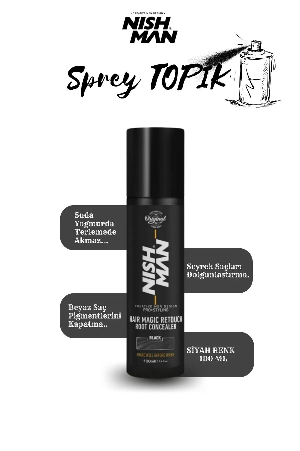 Nishman Beyaz Kapatıcı Ve Hacim Verici Touch Up Spray Siyah 100 ML