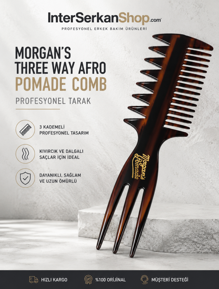 MORGAN'S POMADE Three Way Afro Pomade Comb - 3 Kademeli Profesyonel Tarak